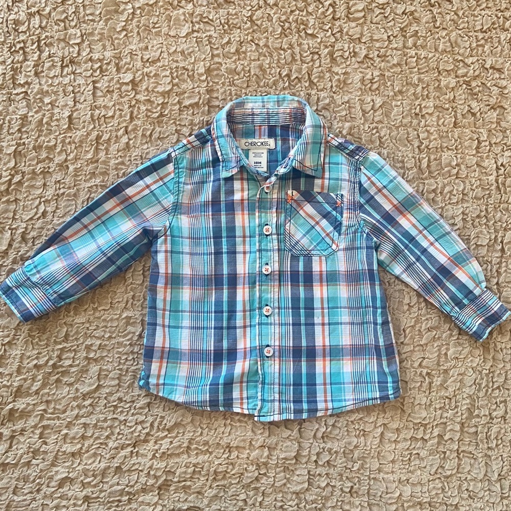 Cherokee Size 18M Boys Plaid Button Up Shirt